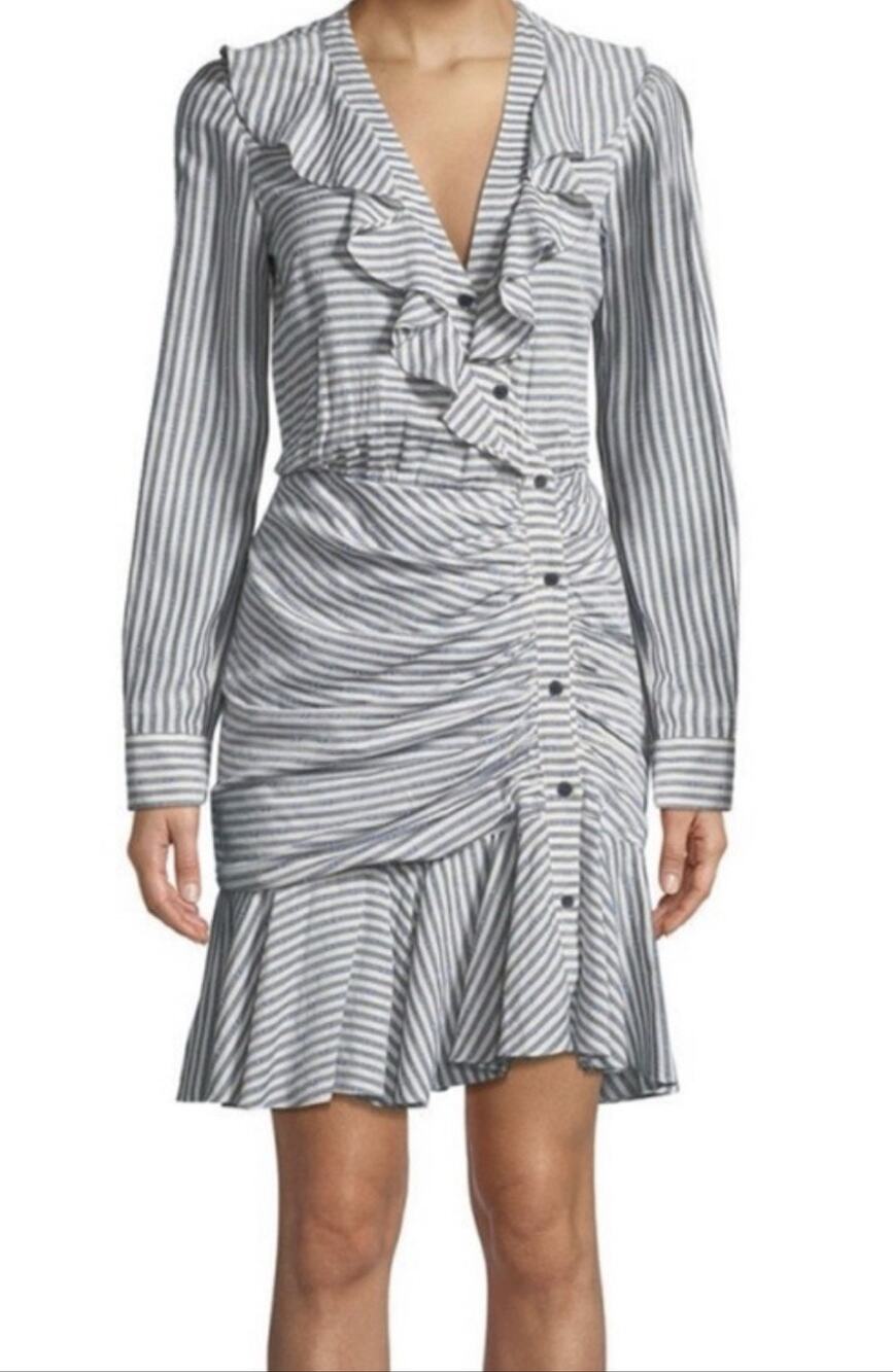 Veronica Beard Kai Striped Ruched Ruffle Button Front Shirt Dress
